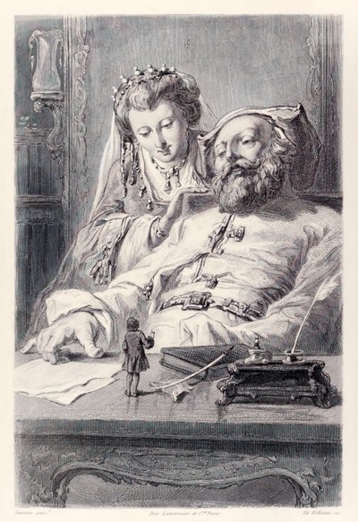 Frontispiece z francouzské edice Gullivers Travels od Jonathana Swifta Správně jsem odpověděl na královské otázky Gulliver a král a královna z Brobdingnagu. od Paul Gavarni