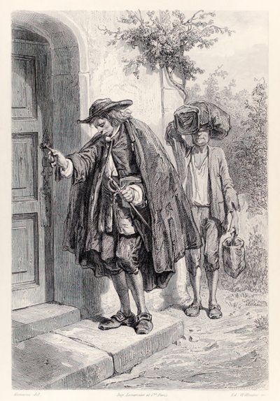 Gulliver přichází domů ve tři odpoledne a vchází do domu, z francouzského vydání Gullivers Travels od Jonathana Swifta od Paul Gavarni