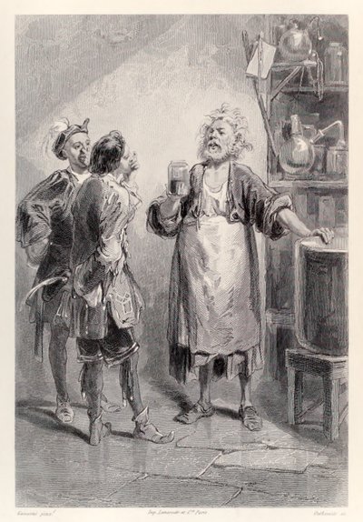 Gulliver vstupuje do místnosti ve velké akademii v Lagadu plném odpudivého zápachu z francouzské edice Gullivers Travels od Jonathana Swifta od Paul Gavarni