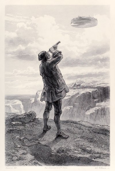 Gulliver poprvé spatří létající ostrov Laputa a prozkoumá jej dalekohledem z francouzského vydání Gullivers Travels od Jonathana Swifta od Paul Gavarni