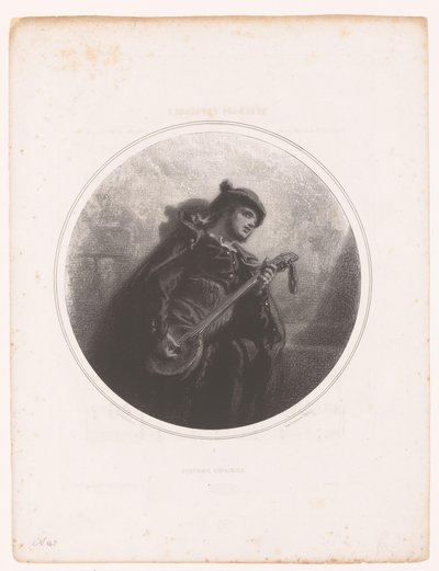 Muž s banjem zpívá a hraje serenádu Serenade Espagnole (název na objektu) Ilustrace k písním Jeanne Gavarni (název série) Illustrations des Mélodies de Madame Jeanne Gavarni (název série) od Paul Gavarni