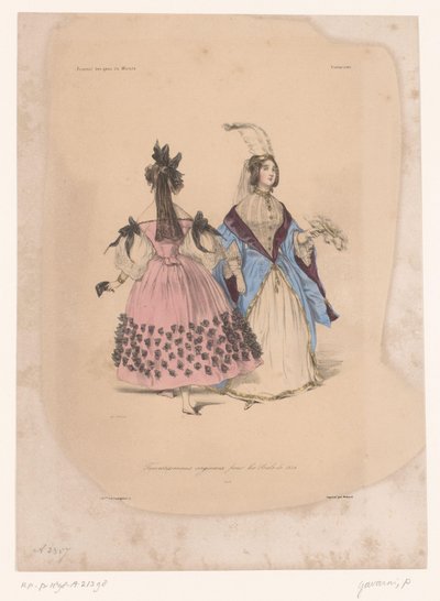 Dvě ženy v plesových šatech Transvestissemens originaux pour les Bals de 1834 (název na objektu) Nápadité oblečení (název série) Fantaisies (název série na objektu) od Paul Gavarni