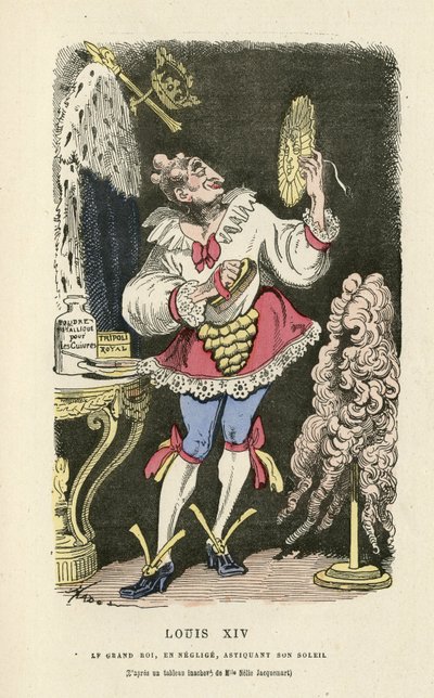 Ilustrace Hadol (1835-1875) v Histoire de France tintamarresque, ca. 1880 - Makeup, Starý režim, Slunce, Paruka - Ludvík XIV od Paul Hadol