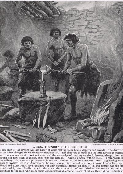 Rušná slévárna v době bronzové, ilustrace z „Příběhu britského lidu“, kolem roku 1950 od Paul Hardy