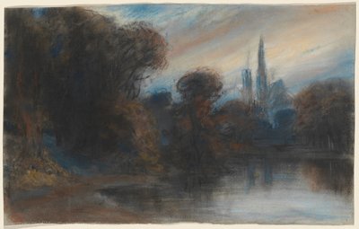 Opatství u zalesněného jezera za soumraku, asi 1831 (pastel) od Paul Huet