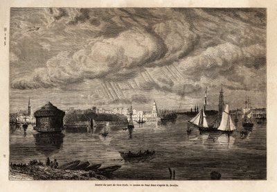 Vstup do přístavu New York, kresba Paula Hueta (1803-1869), pro ilustraci plaveb do Severní Ameriky v letech 1854-1855, L. Deville. Rytina v “”Le tour du monde”” 1861. Selva sbírka. od Paul Huet