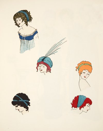 Návrhy pro čelenky z hospody Les Robes de Paul Poiret. 1908 (tisk šablony) od Paul Iribe