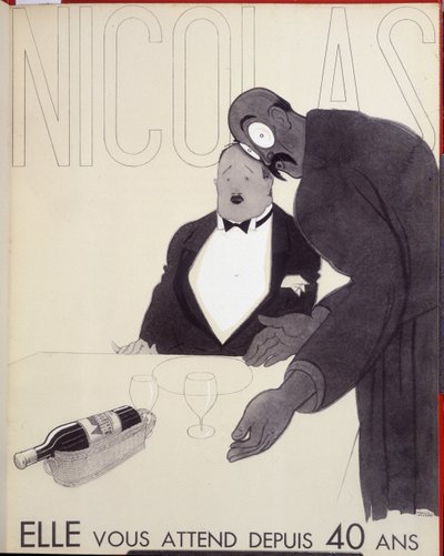 Čeká na vás 40 let Číšník restaurace oslovuje zákazníka návrhem láhve vína. - reklama pro Nicolase, kresba Paul Iribe (1883-1935) od Paul Iribe