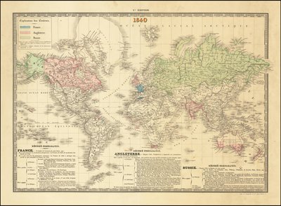 Francouzská mapa světa z roku 1840 s vyznačením území britského, francouzského a ruského impéria od Paul Kaeppelin