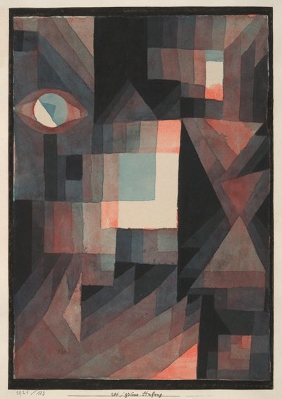 Abstrakt. Červená/zelená gradace [s trochou rumělky ve vertikálním formátu] od Paul Klee