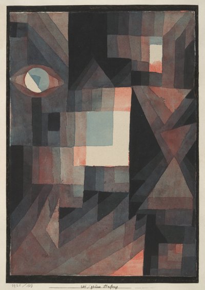 Abstraktní. Červená/zelená gradace s trochou rumělky ve vertikálním formátu od Paul Klee