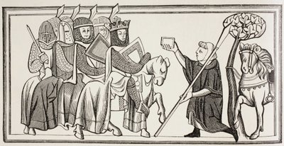 Přichází posel se zprávou pro krále, který stojí v čele své armády. Podle ilustrace v knize ze 13. století. od Paul Lacroix