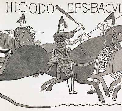 Biskup Edues drží svou štafetu a povzbuzuje vojáky vévody z Normandie v bitvě u Hastingsu. Podle detailu na tapiserii z Bayeux. od Paul Lacroix