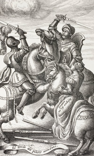 Rytířství zobrazené alegorickými postavami. Rytíři bojující na koních. Podle mědirytiny ze 16. století. od Paul Lacroix