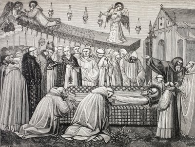 Smrt svatého Benedikta z Nursie neboli San Benedetto da Norcia, 480-547, v opatství Monte Cassino. od Paul Lacroix