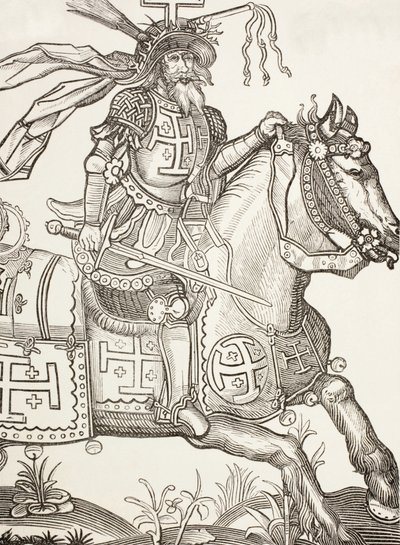 Godfrey z Bouillonu, asi 1060 - 1100, středověký franský rytíř. Vůdce první křížové výpravy. Zde korunován nástroji Kristova umučení. Podle dřevorytu z 15. století. od Paul Lacroix
