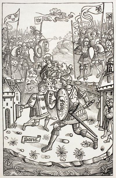 Král Artus neboli Artuš, chráněný Pannou, bojující s obrem. Podle dřevorytu v Chroniques De Bretagne, Alain Bouchard, vydáno 1514. od Paul Lacroix