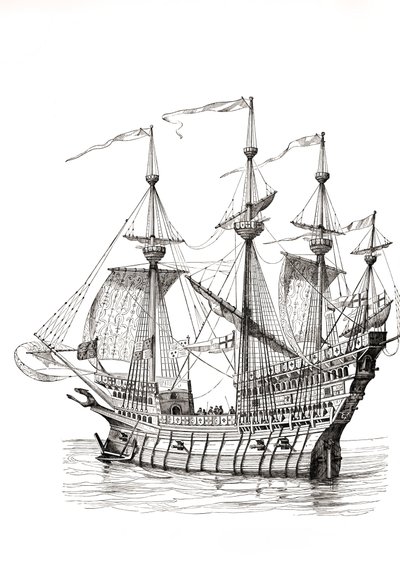 Válečná loď, která v roce 1520 vezla krále Jindřicha V. VIII. z Anglie do Francie na setkání s králem Františkem I. na poli zlatého plátna. Podle Holbeinovy kresby. od Paul Lacroix