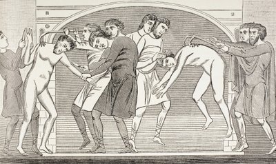 Svatí Savin a Cyprián, kterým železné háky vytrhly tělo z těla. Podle fresky z 11. století v kostele svatého Savina ve Vienne, Francie. od Paul Lacroix