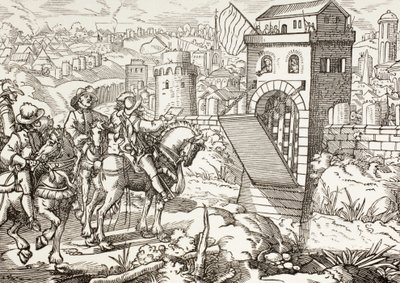 Obléhání města. Obléhající armáda přečte podmínky, za kterých se město vzdá a otevře brány. od Paul Lacroix