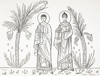 Svatá Cecílie a její manžel Valerián. Podle mozaiky ze 3. nebo 4. století, která se dochovala v kostele svaté Cecílie v Římě. od Paul Lacroix