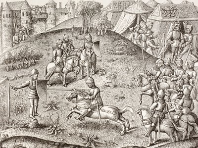 Tilting At A Quintain, The Revolving Effigy Of A Knight (Otáčející se rytířská figurína). Podle miniatury v Chroniques de Charlemagne z 15. století. od Paul Lacroix