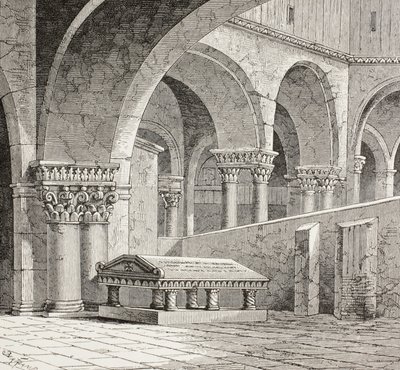 Hrobka Godfreye de Boullon, C 1060 - 1100, jak existovala v kostele Božího hrobu v Jeruzalémě. Hrobka je nyní zničena. Podle kresby z roku 1828. od Paul Lacroix