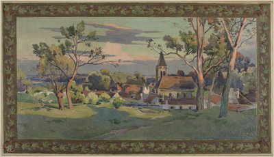 Náčrtek pro Thiaisovu radnici: vesnice s kostelem, kolem roku 1902 (olej na plátně) od Paul Léon Felix (attr. to) Schmitt