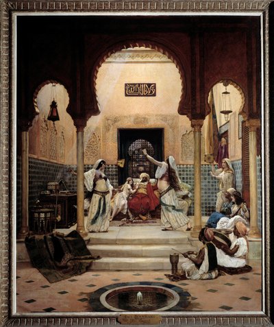 Východní tanečnice (břicho) v harému rozptylující pašu. Obraz Paula Boucharda (1853-1937) 1893 Sun. 1,6x1,3 m Paříž, musee d