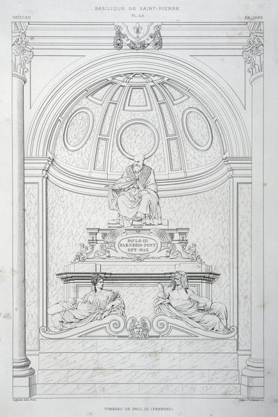 Pohřební pomník papeže Pavla III. (Farnese), rytina z Vatikánu a baziliky svatého Petra od Paul Marie Letarouilly