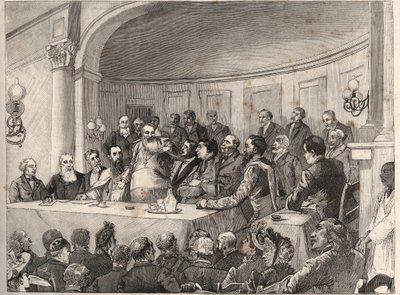 Anti-Slavery Congress konaný v Paříži ve dnech 21., 22. a 23. září 1890 v Geography Society za přítomnosti Julese Simona, Emile Kellera a Monseigneura Lavigerie. Rytina podle kresby Paula Merwarta v „The Illustrous World“ z roku 1890. od Paul Merwart