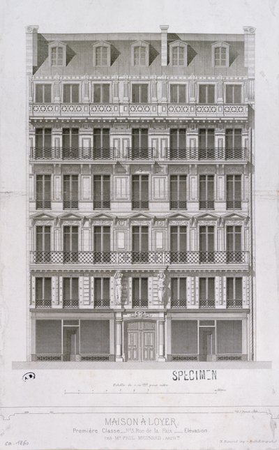 Návrh bytového domu ve stylu Haussmann v rue de la Paix, Paříž, kolem roku 1860 od Paul Mesnard