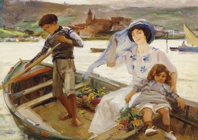 Matka a dítě jsou převezeny přes řeku s městem za hranicemi od Paul Michel Dupuy