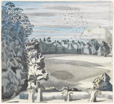 Landscape with Rooks, cca 1913-14 (černá křída a akvarel na papíře) od Paul Nash