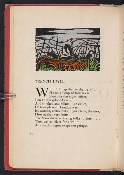 Idyla ze zákopu, ilustrace z knihy Richarda Aldingtona "Obrazy války". Londýn, The Beaumont Press, strana 22 od Paul Nash
