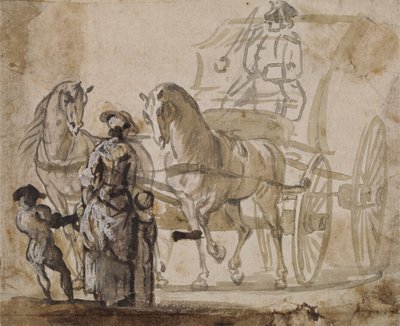 A Carriage and Pair, with Coachman (šedá a hnědá barva zvýrazněná bílou na papíře) od Paul Sandby