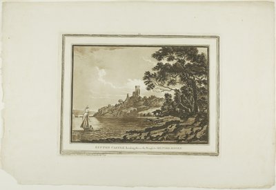 Hrad Benton Pohled dolů po Reachu na Milford Haven z dvanácti pohledů v Aquatintě z kreseb pořízených na místě v jižním Walesu od Paul Sandby