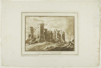 Hrad Carey v Pembroke Shire, z dvanácti pohledů v Aquatintě z kreseb pořízených na místě v jižním Walesu od Paul Sandby