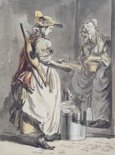 London Cries: A Milkmaid, cca 1759 (pero a inkoustový štětec, akvarel a grafit na papíře) od Paul Sandby
