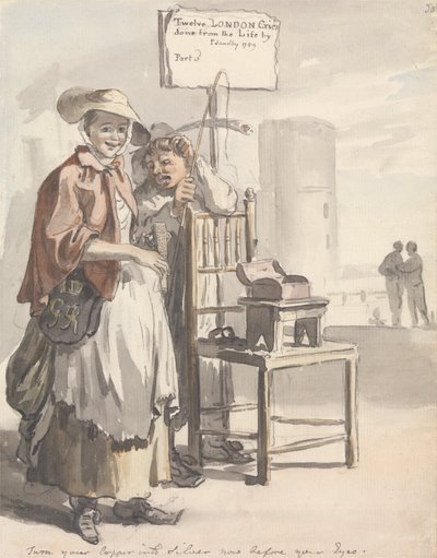 London Cries: „Proměňte svou měď ve stříbro hned před vašima očima“ (design titulní strany) od Paul Sandby
