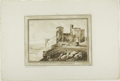 Hrad Manerbawr v Pembroke Shire, z dvanácti pohledů v Aquatintě z kreseb pořízených na místě v jižním Walesu od Paul Sandby