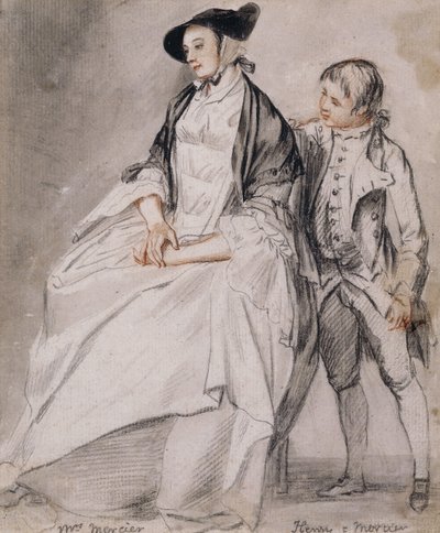 Studie paní Mercierové sedící na židli a jejího nejmladšího syna Henryho Merciera stojícího za ní, od Paul Sandby