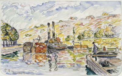 Říční krajina s vlečnými čluny a pramicemi od Paul Signac