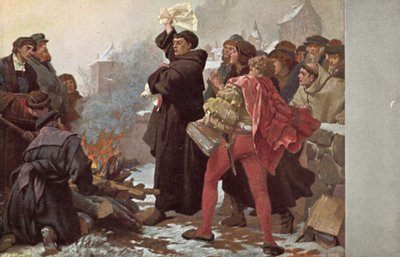 Martin Luther pálil papežskou bulu a vyhrožoval mu exkomunikací před Elstertorem ve Wittenbergu, Německo, 10. prosince 1520 od Friedrich Paul Thumann