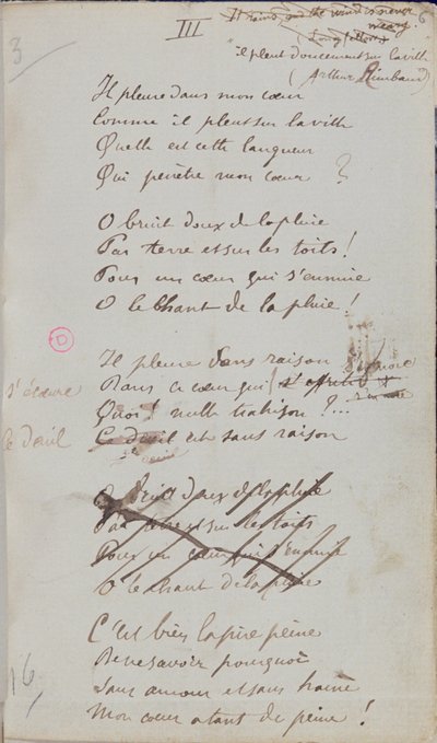 "V mém srdci pláče, jak prší na město...", rukopisná báseň z "Romances Sans Paroles", 1873 (pero a tuš na papíře) od Paul Verlaine