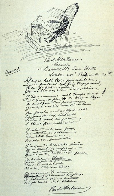 Báseň znak francouzského básníka Paula Verlainea (1844-1896) s náčrtem představitele při čtení. 21. 11. 1893 od Paul Verlaine