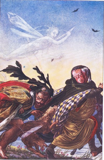Zuřivost! Zuřivost! Tři, tyrane, tady Harku! Hark!, ilustrace z Bouře, 1908 od Paul Vincent Woodroffe