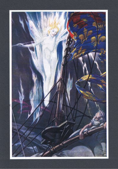 Na nejvyšším, yardy a bowsprit, bych plamen zřetelně, ilustrace zBouře, 1908 od Paul Vincent Woodroffe