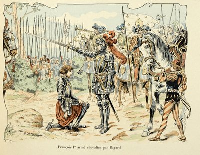 Ilustrace převzatá z knihy „Histoire du chevalier Bayard“ od Theodora Cahu, ilustrovaná Paulem De Semantem (1855-1915): Francois 1, er arme chevalier par Bayard 1515 od Paul de Semant