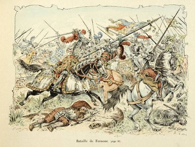Ilustrace převzatá z knihy „Histoire du chevalier Bayard“ od Theodora Cahu, ilustrovaná Paulem De Semantem (1855-1915): Bitva u Fornoua 1495 od Paul de Semant